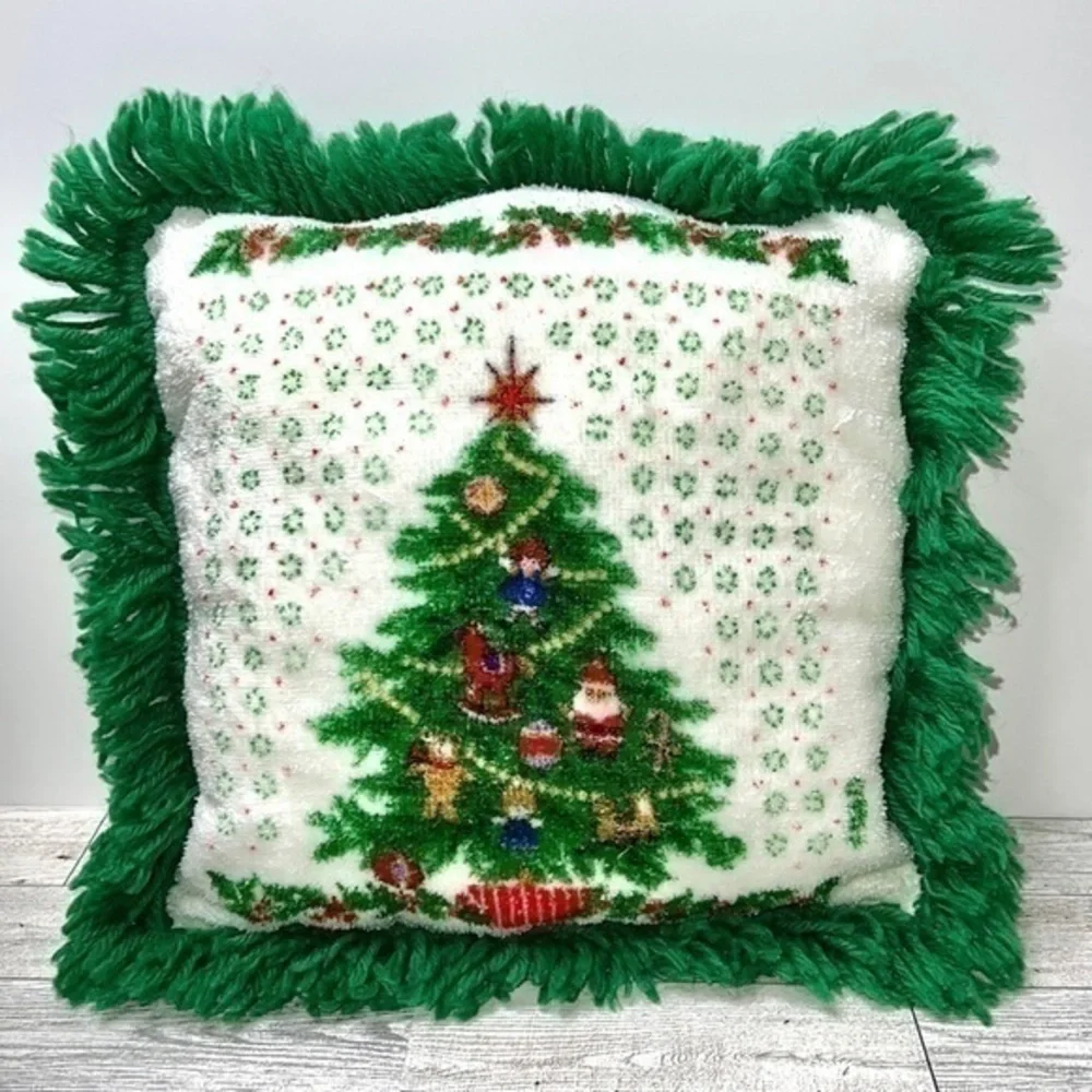 Vintage Terry Cloth Christmas Tree Throw Pillow with Fringe